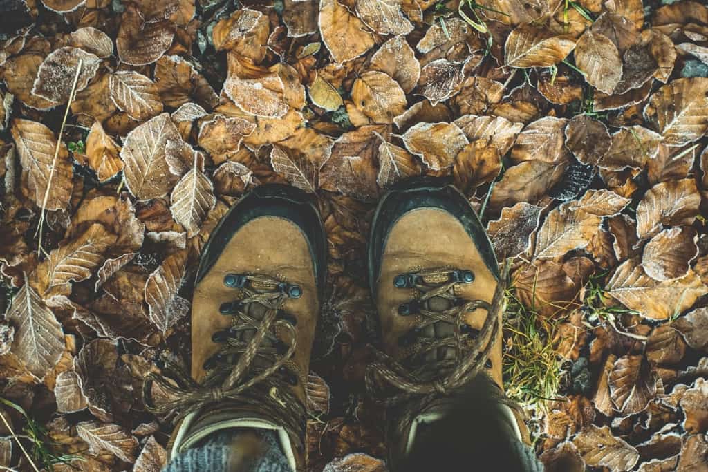 An ankle in a low-cut hiking shoe on uneven rocky ground