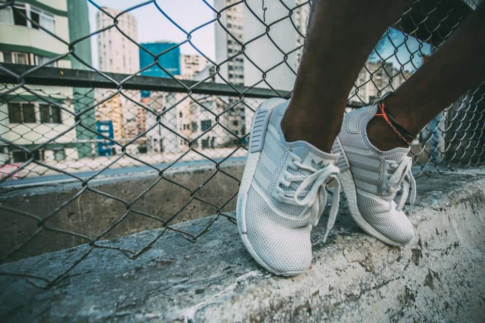 A wide-toe-box road running shoe on a park path